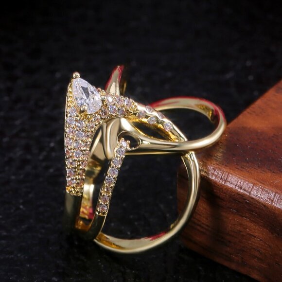 💍 Creative Irregular Cross Design Pear Zircon Gold Rings for Women, INDN8202 - Picture 3 of 6